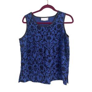Susan Graver Top Women M Blue Floral Tank Mature Burnout Classic Boho Hippie 80s